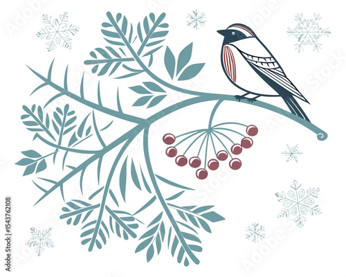 Illustration of a bird perched on a branch with berries and snowflakes in a winter scene design style