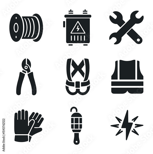 Power Line Tool Icons. Solid, filled icons set of power line maintenance: cable spool, transformer box, repair