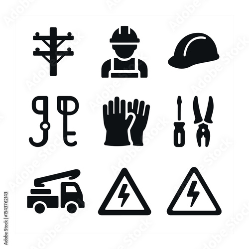 Electrical Icon Collection. Solid, filled icons set of electrical line installation and repair: utility pole,