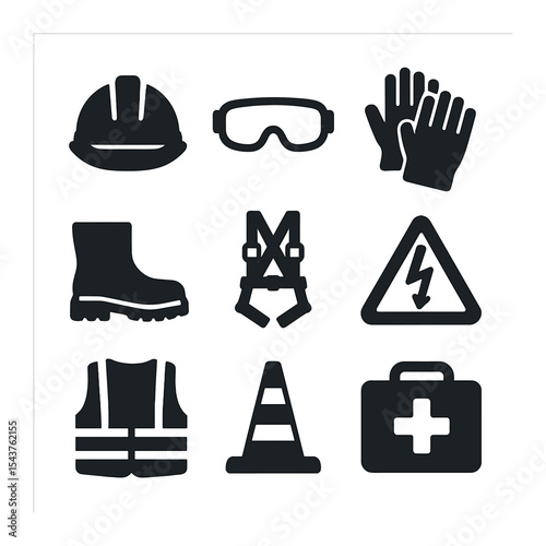 Electrical Safety Icons. Solid, filled icons set of safety equipment for electrical installers: hard hat,