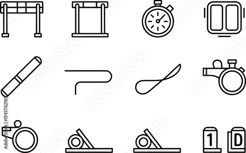 A collection of various athletics track and field equipment outline icons set