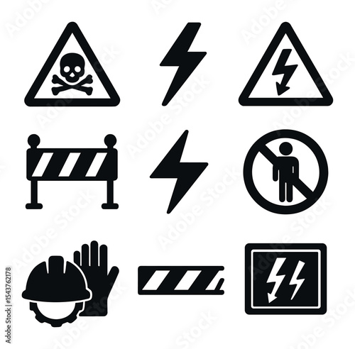 High Voltage Icons. Solid, filled icons set of high voltage warning and signage: danger sign, high voltage