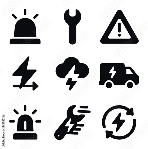 Emergency Repair Icons. Solid, filled icons set of emergency electrical repairs: emergency icon, repair tool,