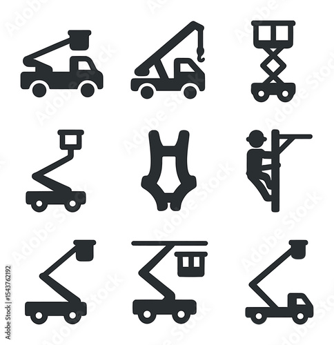Aerial Work Icons Grid. Solid, filled icons set of aerial and bucket truck work: bucket truck, crane icon,