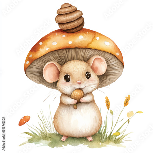 Adorable Mouse Under Mushroom with Snail Shell