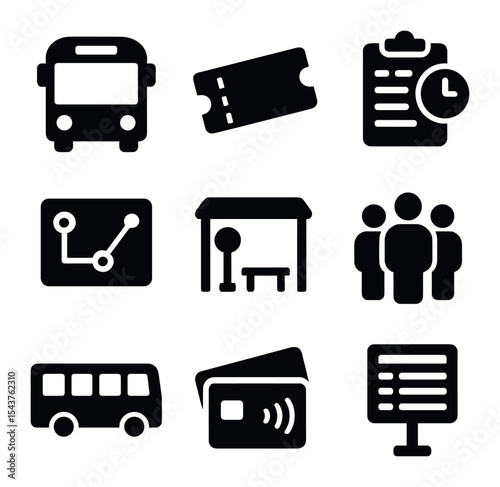 Public Transport Icons. Solid, filled icons set of public transportation essentials: bus icon, ticket icon,