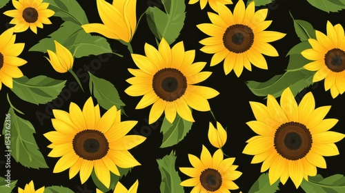 Sunflowers in Full Bloom, Forming a Vibrant Seamless Pattern, Capturing Nature's Beauty, Exuding Cheerfulness on a Black Background