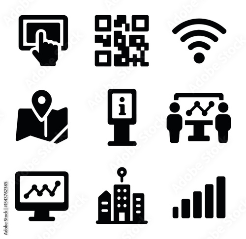 Smart City Icons. Solid, filled icons set of smart city technology and digital info: smart screen, QR code,