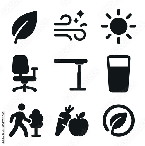 Eco-Lifestyle Icons. Solid, filled icons set of environment and lifestyle optimization: green leaf, clean air,