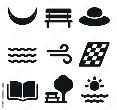 Outdoor Relaxation Icons. Solid, filled icons set of outdoor relaxation and reading: hammock icon, park bench,