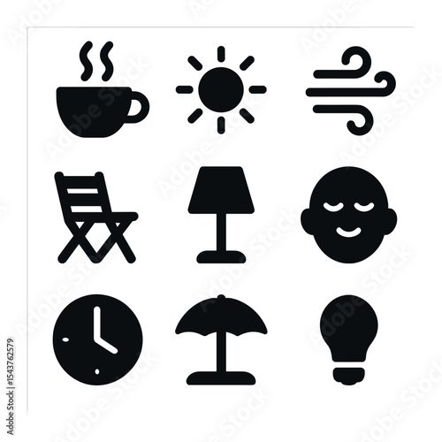 Afternoon Leisure Icons. Solid, filled icons set of afternoon leisure and calm: tea cup, gentle sun, soft