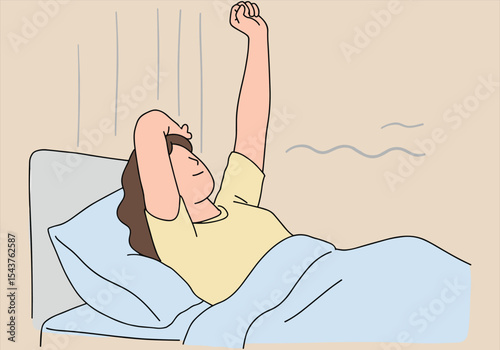 Young woman relaxing in bed, reading a book with a pillow behind her head, enjoying a moment of quiet morning relaxation