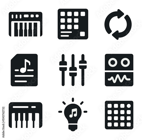 Music Creation Icons. Solid, filled icons set of music creation tools: synthesizer, drum pad, loop icon, music