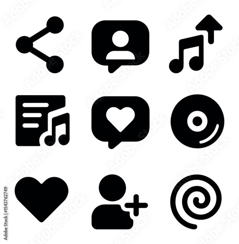 Music Icon Set. Solid, filled icons set of music discovery and sharing: share icon, social media, trending