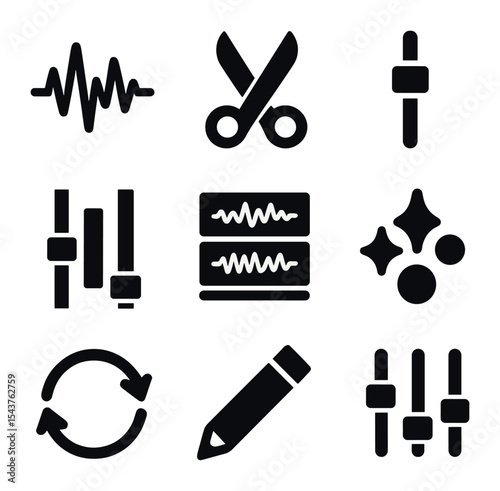 Audio Editing Icons. Solid, filled icons set of audio editing and mixing: waveform, cut icon, volume slider,