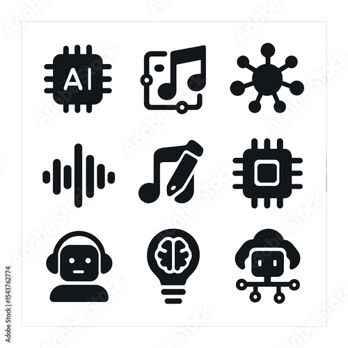 Music and AI Icons. Solid, filled icons set of music and AI innovation: AI icon, digital note, neural net,