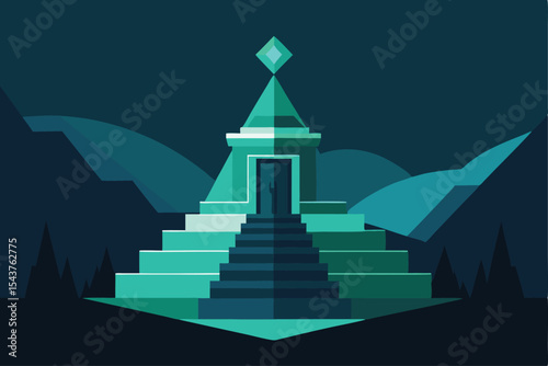 Mysterious teal pyramid temple nestled in a dark mountain landscape at night.