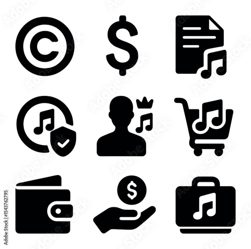 Music Business Icons. Solid, filled icons set of music monetization and rights management: copyright icon,