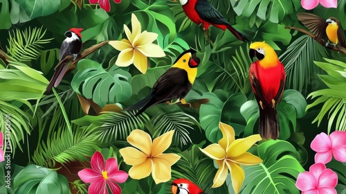 Tropical Birds Among Vibrant Floral Elements, Colorful Seamless Pattern Depicting Exotic Wildlife, Lush Jungle Botanical Setting
