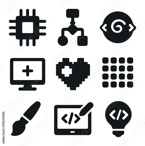 Technology Icons Grid. Solid, filled icons set of technology in digital art: computer chip, algorithm, code