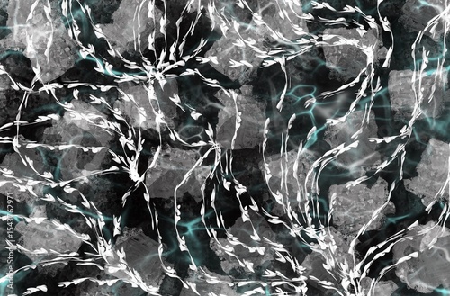 Seamless abstract pattern featuring flowing white seaweed or kelp-like shapes over a dark, textured underwater background with light reflections. Ideal for fabric prints, wallpapers, digital art