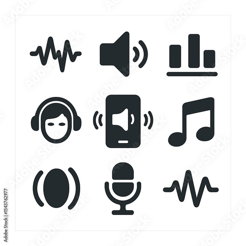 Sound and Music Icons. Solid, filled icons set of sound and music integration in art: sound wave, speaker icon
