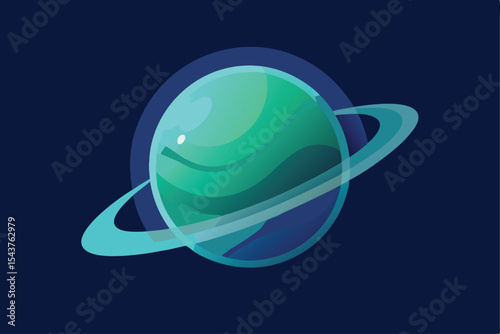 A stylized teal planet with rings orbiting in space.