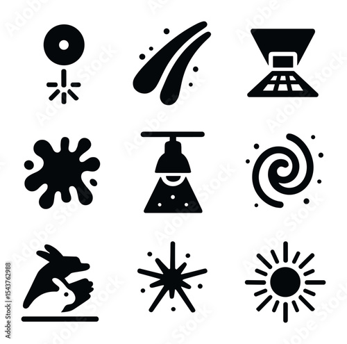 Light Projection Icons. Solid, filled icons set of light and projection art: laser beam, light trail,