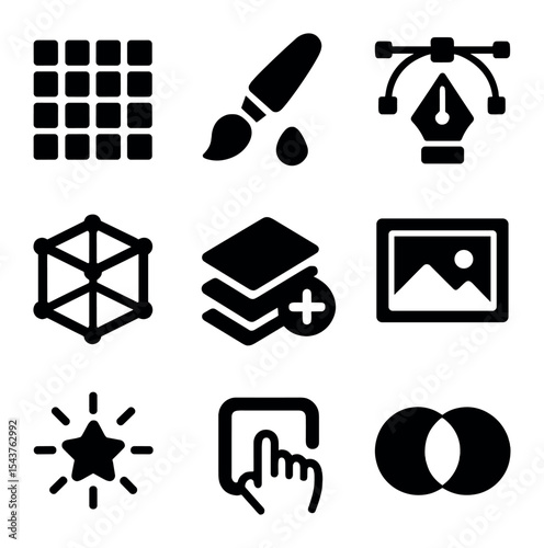 Digital Art Icons. Solid, filled icons set of digital art materials and mediums: pixel grid, digital paint,