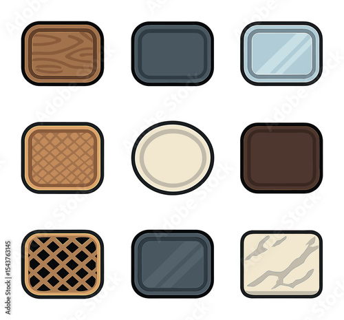 Diverse Tray Icons. Solid, filled icons set of tray materials and textures: wooden tray, metal tray, glass