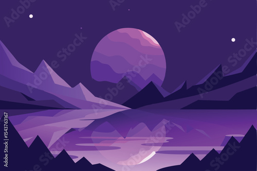 Serene purple landscape at night, featuring a large moon reflecting on a calm lake, surrounded by stylized mountains.