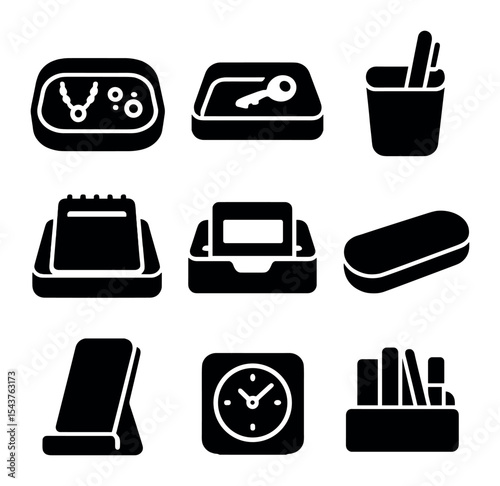 Modern Desk Organizers. Solid, filled icons set of organizing trays for tables: jewelry tray, key holder, pen
