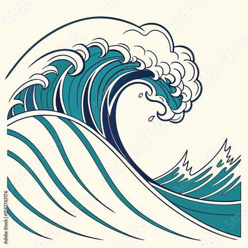 Illustration of a stylized teal and navy blue wave with white foam cresting and smaller waves in the distance