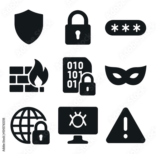 Cybersecurity Icons Grid. Solid, filled icons set of cybersecurity and privacy: shield icon, lock icon,