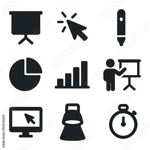 Online Presentation Icons. Solid, filled icons set of online presentation tools: slide deck, pointer icon,