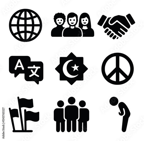Cultural Diversity Icons. Solid, filled icons set of cultural sensitivity and diversity: globe icon, diverse