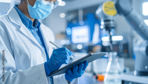 Research and Precision: A diligent laboratory technician, immersed in a cutting-edge scientific environment, meticulously documents findings using a digital tablet.