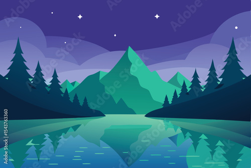 Serene illustration of a mountain landscape, reflecting in still water under a night sky.