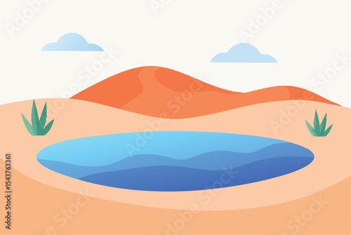 Simplified illustration of a desert landscape featuring a water oasis, sand dunes, and clouds.