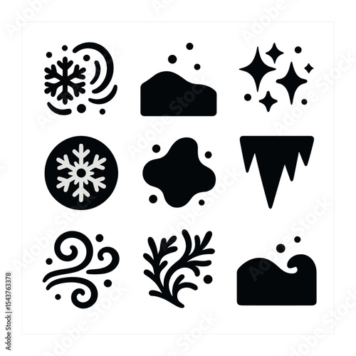 Snow Texture Icons. Solid, filled icons set of snow textures in nature: snowflake swirl, soft drift, icy