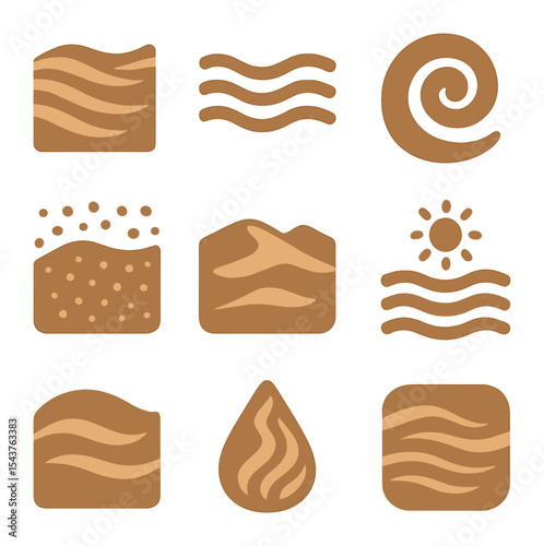 Sand Texture Icons. Solid, filled icons set of sand textures and patterns: dune wave, ripple line, soft swirl,