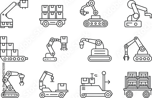 Line art illustration of automated industrial machinery and transportation