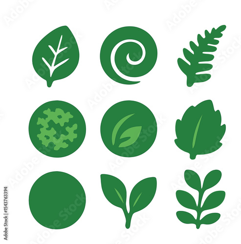 Leaf Texture Icons. Solid, filled icons set of leaf and plant textures: leaf vein, green swirl, soft moss,
