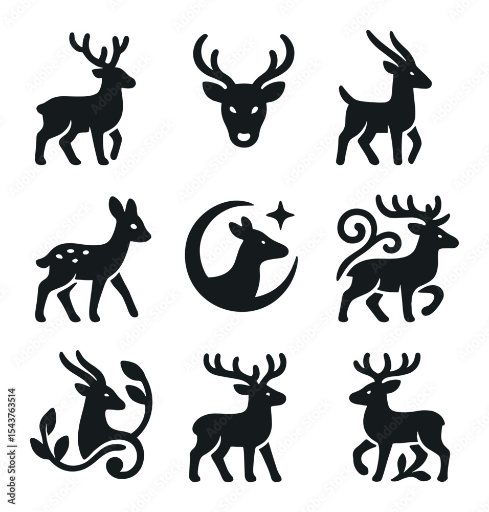 Obraz premium Forest Deer Icon Set. Solid, filled icons set of forest deer and antelope: gentle antler, deer mark, soft step