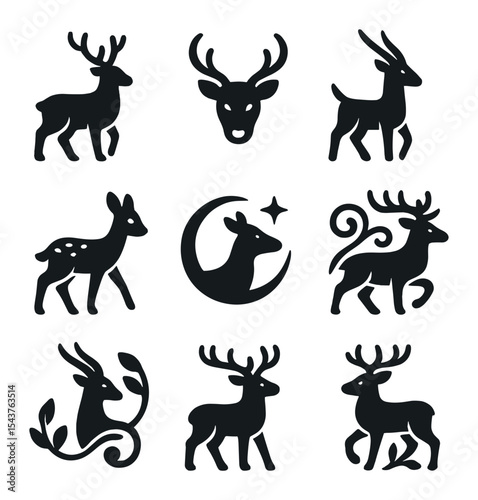 Forest Deer Icon Set. Solid, filled icons set of forest deer and antelope: gentle antler, deer mark, soft step
