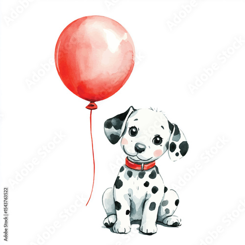 Adorable Dalmatian Puppy with Red Balloon Watercolor Painting