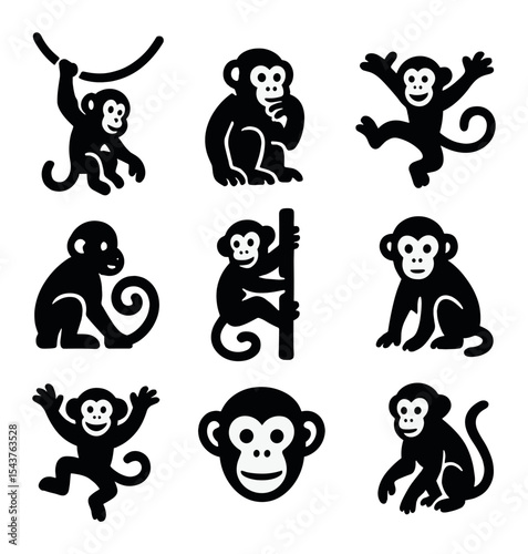 Primate Icons Grid. Solid, filled icons set of primates and monkeys: monkey swing, curious hand, playful leap,