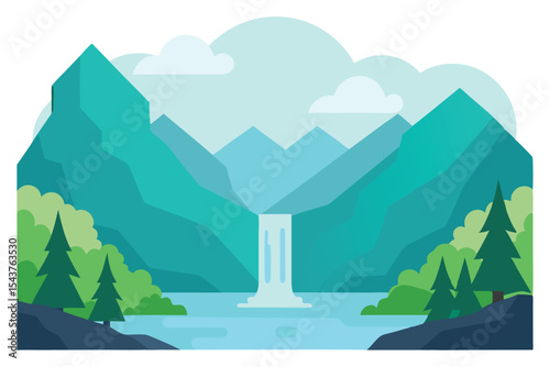 A serene illustration depicting a waterfall cascading into a calm lake, surrounded by mountains.