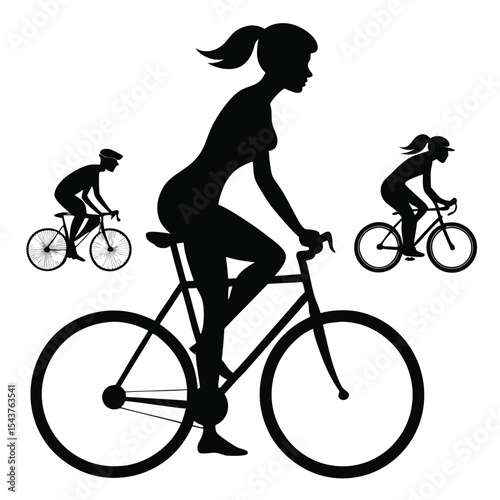 A striking black silhouette of a female rider on a bicycle captures the essence of sport and cycling activity
