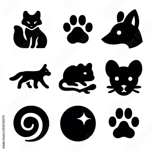 Forest Animal Icons. Solid, filled icons set of forest foxes and small mammals: bushy tail, soft paw, alert